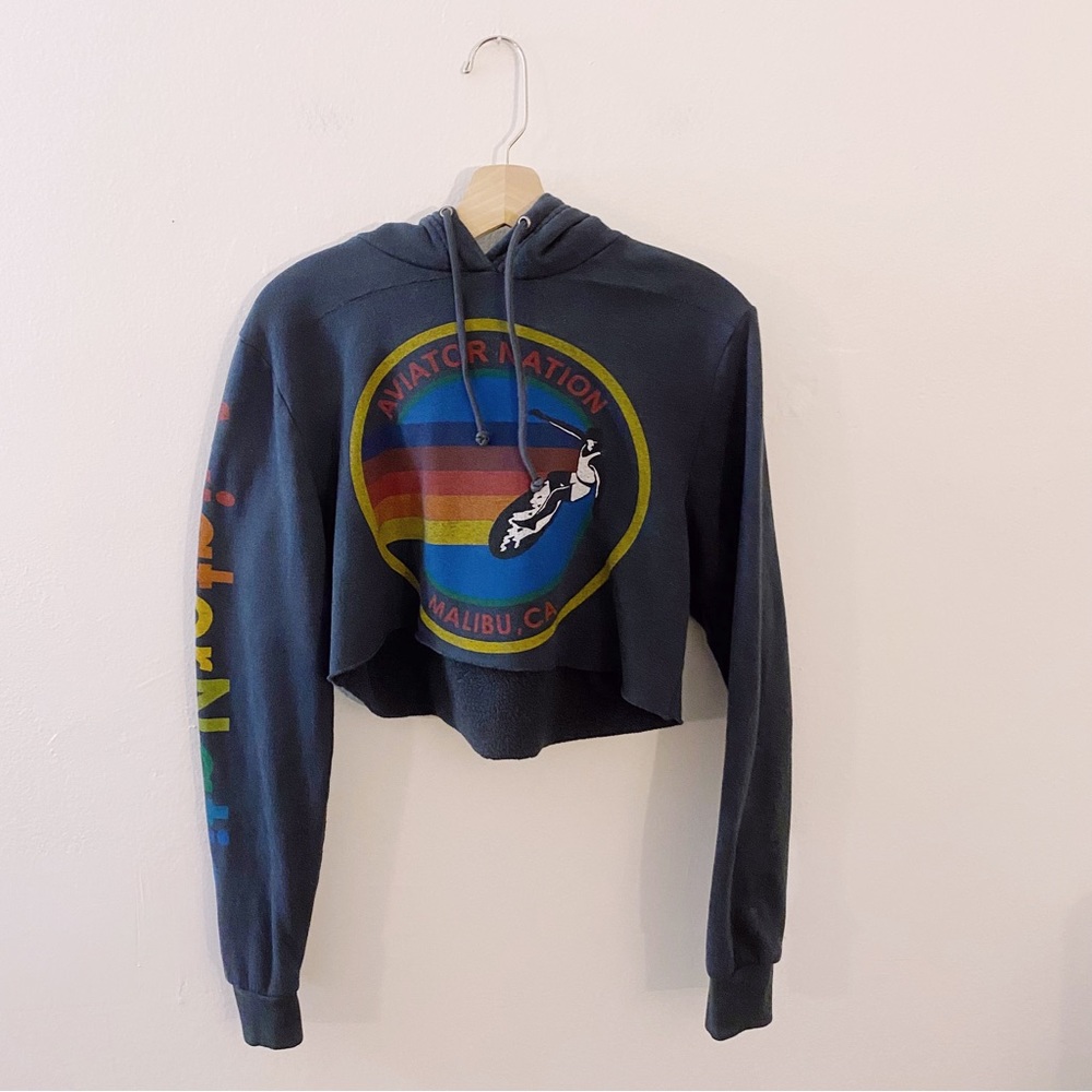 Aviator Nation Cropped Hoodie in Navy with Rainbow Graphic